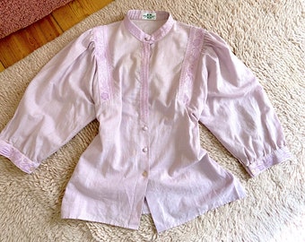 Pastel pink boho Folk blouse, Vintage embroidered puff sleeve shirt enchanted rose pink