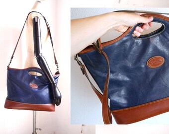 90s BAG / leather shoulder bag XL shopper, blue and cognac shoulder bag