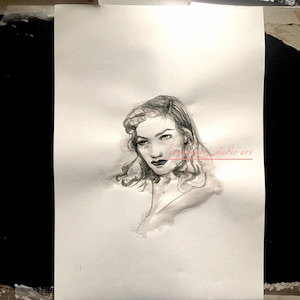 Ritratto originale a inchiostro - Pittura ad acquerello a inchiostro nero - disegno ritratto - volto femminile - arte contemporanea - Lauren Bacall ispirata