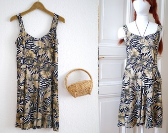 90s floral dress / Medium vintage midi dress botanical and zebra print