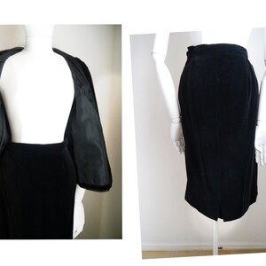 May include: A black velvet skirt with a straight silhouette and a back zipper closure.