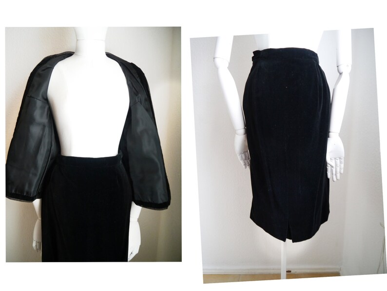 May include: A black velvet skirt with a straight silhouette and a back zipper closure.