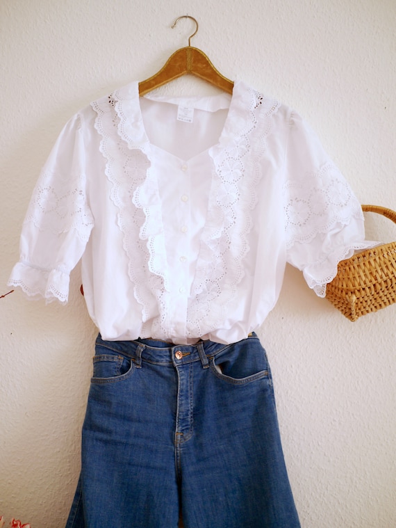 Austrian ruffle collar BLOUSE, women's white cotto