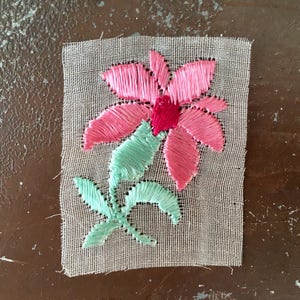 Silk appliqué pink flowers patch vintage rose embroidered patch original unused on gauze vintage sew on bohemian Art Deco