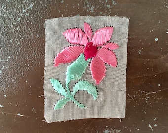 Vintage Silk Embroidered Flower Patch, Unused Rose Appliqué