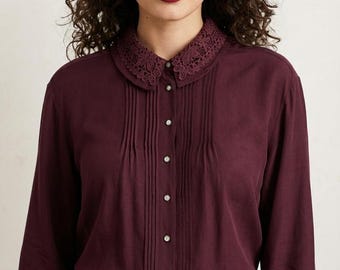 Vintage weinrote Spitzenkragen Bluse -Abnehmbarer Spitzenkragen