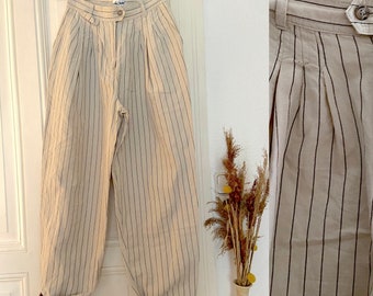 80s Women's pants, High Waist Baggy pants Linen with stripes