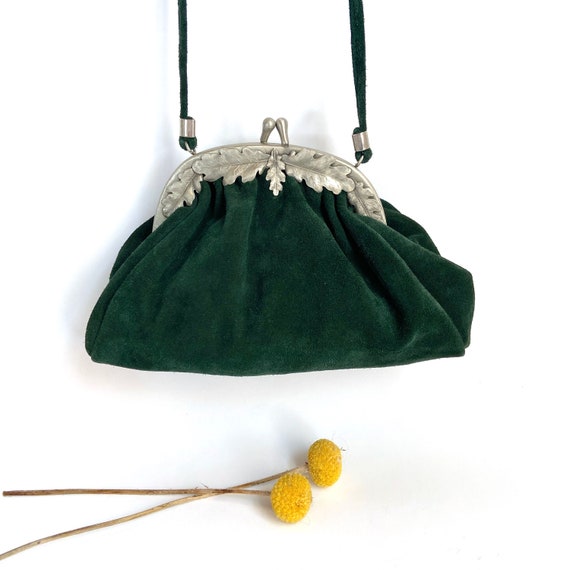 Ladies cross shoulder Purse, Forest Green suede B… - image 2