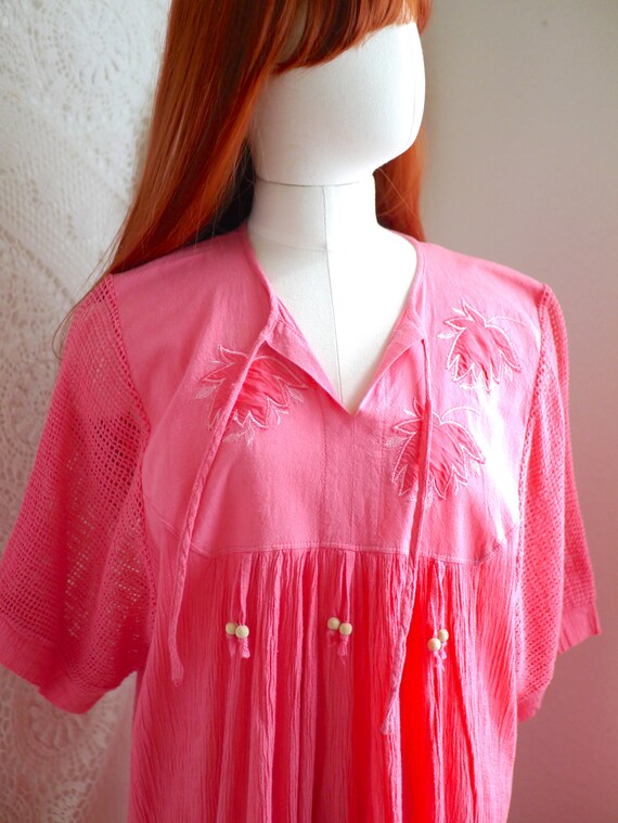 Boho maxi DRESS 70s cotton dress, pink