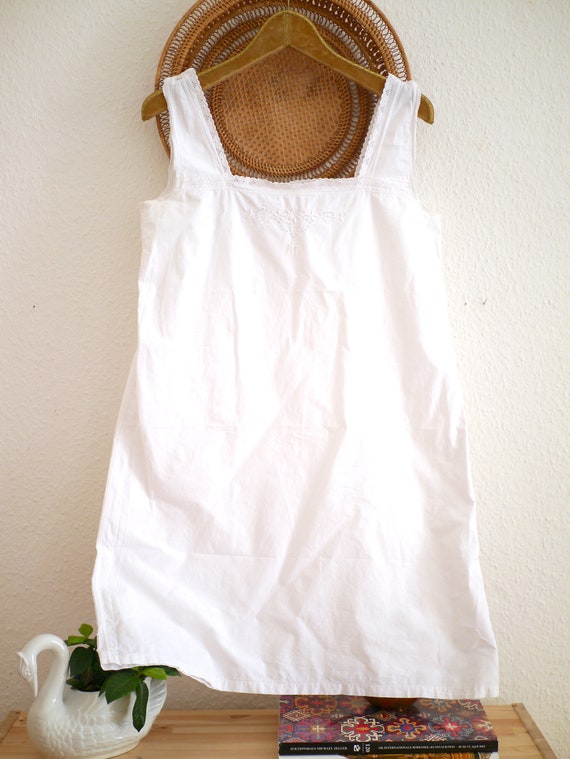Antique cotton DRESS, White cotton shift lace dre