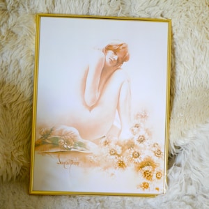 Whimsical knock out sweet Vintage 80s Sara Moon sensual women&#39;s art poster, framed art lithograph print