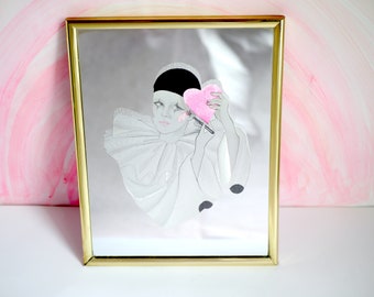 80s Harlequin MIRROR with pink heart lady whimsical drop-dead gorgeous looking glass