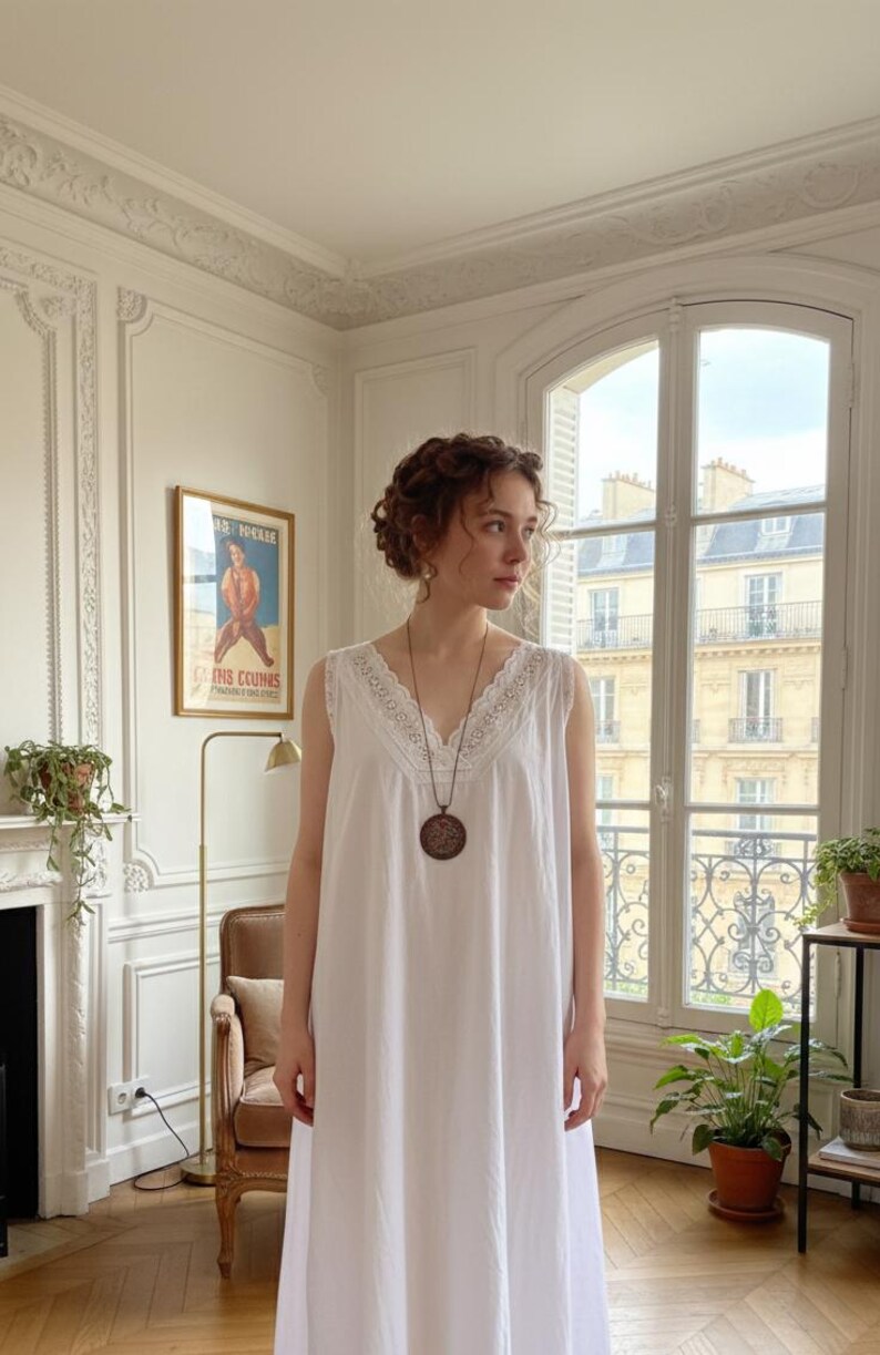Antique White Cotton Edwardian V-Neck Dress – Floral Lace Detail, Summer Loungewear image 4