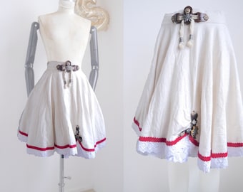 Folk Linen Petticoat Skirt with Lace, Red Trim, Leather Belt Ornament, Small