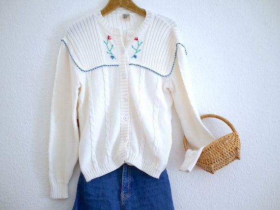 Vintage Knit CARDIGAN, ivory white floral knit jac