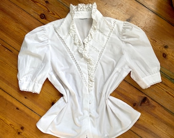Vintage Ruffle Collar Blouse / Medium -Large / White Cotton Women's Shirt