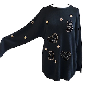 80s Glam chic sweater, Black with rhinestones / Lambswool Angora long jumper