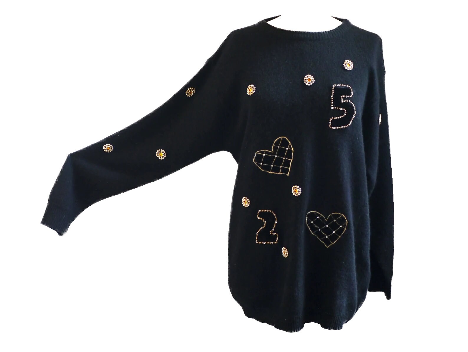 SuitcaseInBerlin 80s Glam Chic Sweater, Black with Rhinestones / Lambswool Angora Long Jumper