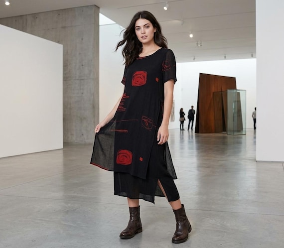 layered tunic dress 90s Black Crinkle Viscose Midi Dress | Abstract Red Print Layered Tunic  (size Medium)