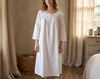 Romantic Rustic antique white cotton shift Dress - Long sleeves