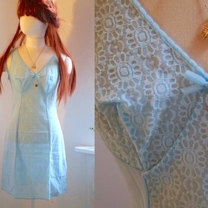 70s babyblaues Schlupfkleid, new vintage boxed with tags, 60s True Vintage Spitzennachthemd / S