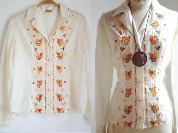 70s Folk blouse, floral embroidered vintage blouse