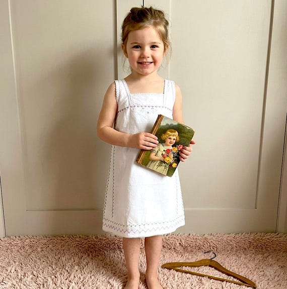 Girls Floral Embroidered Antique Dress 4-6 | Soft Cotton Summer Smock | Heirloom Pink & Green Detail