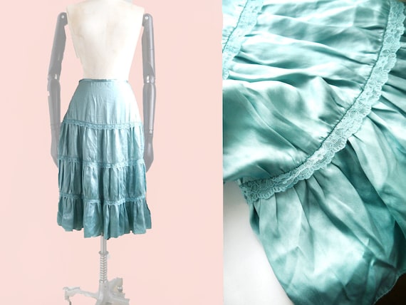 Tiered SILK SKIRT turquoise, romantic skirt with l