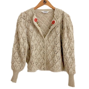 Austrian knit Trachten cardigan, farmhouse country jumper with floral embroidery