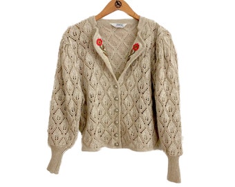 Austrian knit Trachten cardigan, farmhouse country jumper with floral embroidery