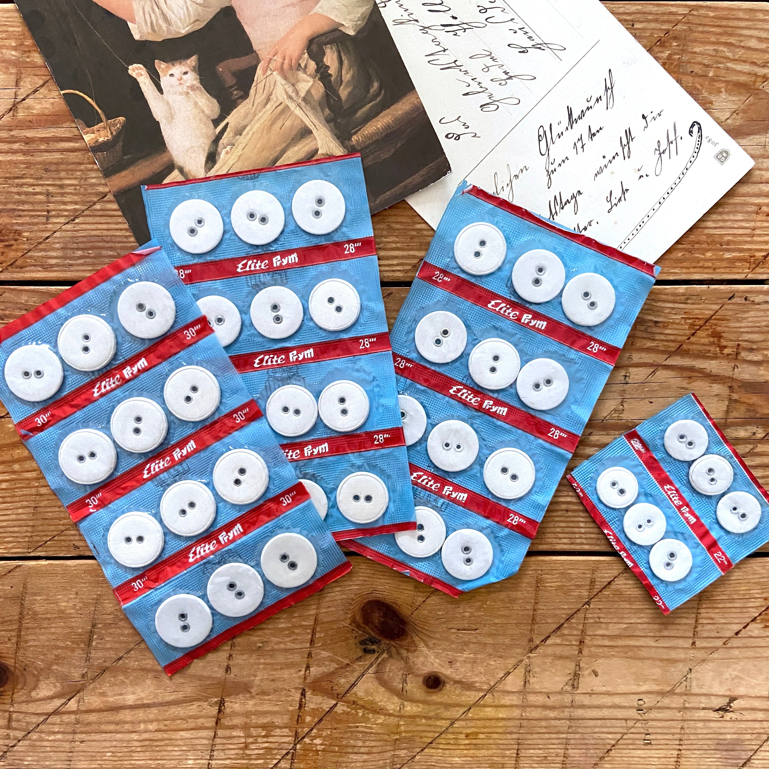Vintage Prym Elite linen cover BUTTONs, 28", 30"