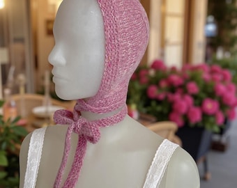 Bonnet knitted - Soft Pastell Pink candy cotton - Wool - silk mohair