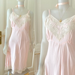 Pure Silk Vintage slip dress, blushed pink negligée dress with white lace trim