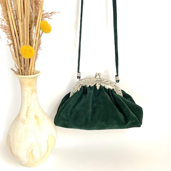 Ladies cross shoulder Purse, Forest Green suede B… - image 3