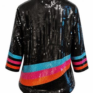 May include: A black sequined top featuring three-quarter length sleeves and a round neckline. The garment is decorated with horizontal stripes in bright blue, pink, and orange across the lower section and on the sleeves, creating a vibrant contrast.