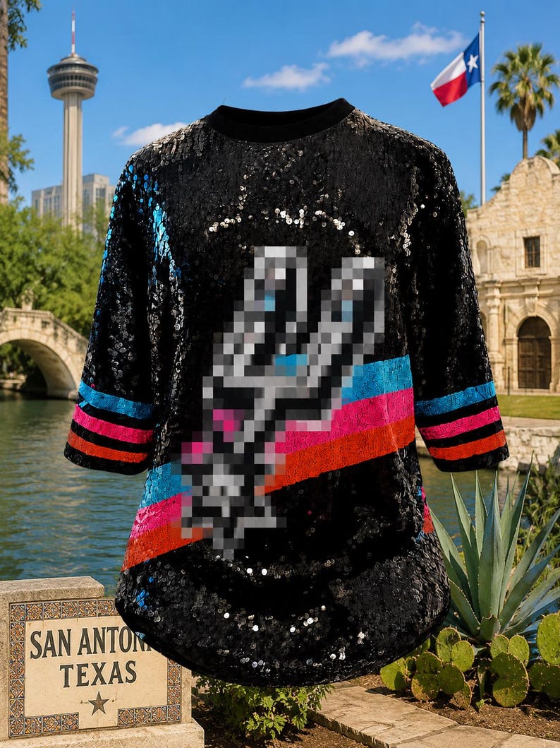 May include: A black sequined t-shirt featuring a pixelated silver spur logo on the front. The sleeves and lower torso are accented with horizontal stripes in bright blue, pink, and orange. The garment has a round neckline and short sleeves.