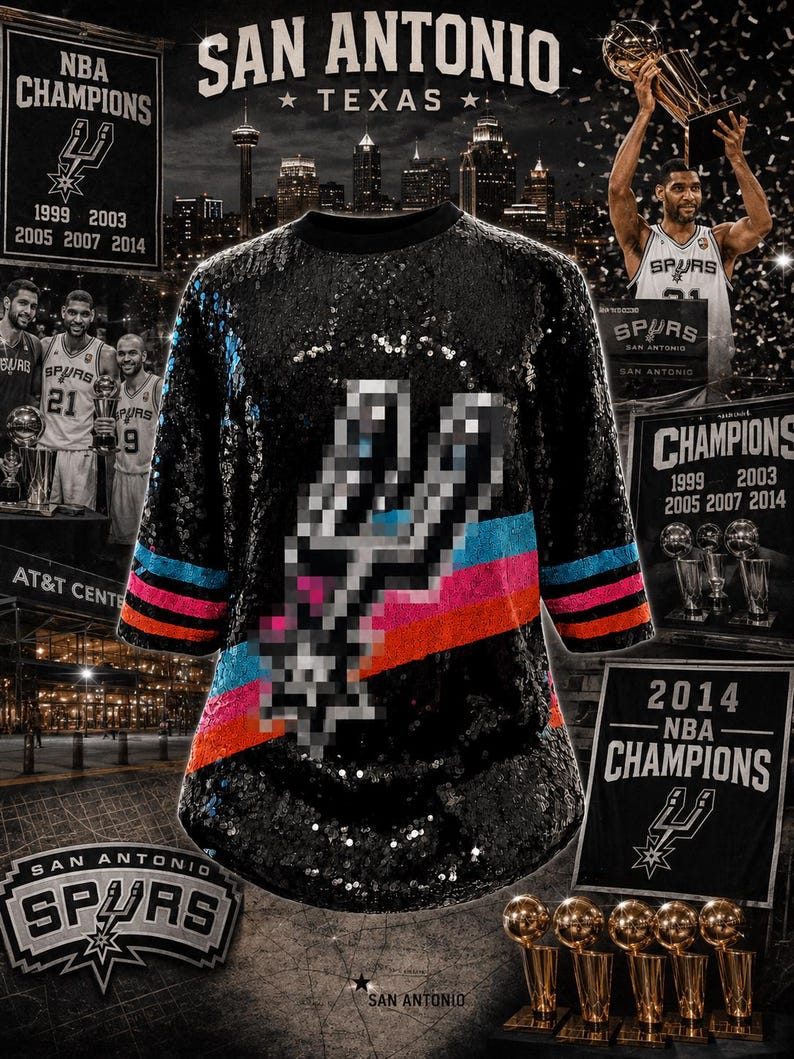 May include: A black sequined shirt featuring a pixelated San Antonio Spurs logo on the front. The design includes horizontal stripes in blue, pink, and orange across the midsection. The shirt has three-quarter length sleeves and a round neckline.