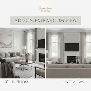 May include: An interior design image showcasing two room views. The text "ADD ON: EXTRA ROOM VIEW" is displayed above the two room views. The text "YOUR ROOM" is below the left room view, and "TWO VIEWS" is below the right room view.