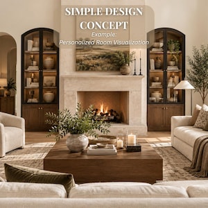 May include: A living room featuring two tall arched wooden cabinets with glass doors, a stone fireplace with a landscape painting above it, a square wooden coffee table with a ceramic vase and candles, and light-colored upholstered sofas.