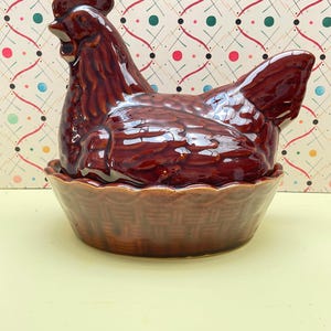 Vintage Ceramic Hen Chicken Egg Holder, Mid Century Kitchen Display, Treacle Glazed Stoneware