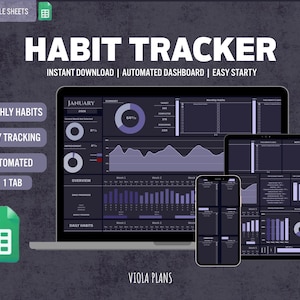 May include: A digital habit tracker displayed on a laptop, tablet, and smartphone. The interface is dark with purple and white data visualizations. Text includes "HABIT TRACKER", "INSTANT DOWNLOAD", and "AUTOMATED DASHBOARD". A green Google Sheets icon is in the corner.