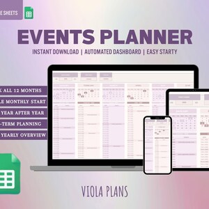 Può includere: Pianificatore di eventi digitale visualizzato su laptop, tablet e smartphone. Il pianificatore presenta un layout di calendario con il testo "EVENTS PLANNER" e "INSTANT DOWNLOAD". Il testo aggiuntivo include "TRACK ALL 12 MONTHS" e "VIOLA PLANS".