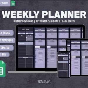 Puede incluir: Un planificador semanal digital que se muestra en una computadora portátil, una tableta y un teléfono inteligente. El planificador presenta un esquema de color gris oscuro y lavanda con secciones para tareas diarias y seguimiento semanal. El texto incluye "WEEKLY PLANNER".
