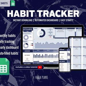 May include: A digital habit tracker displayed on a laptop, tablet, and smartphone. The interface shows monthly, daily, and yearly habit tracking with auto-filled habits. The text reads "HABIT TRACKER" and "INSTANT DOWNLOAD | AUTOMATED DASHBOARD | EASY STARTY".