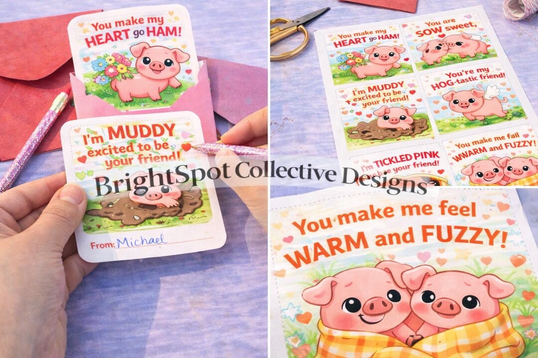 Printable Pig Valentine Cards for Kids, Instant Download Classroom ...