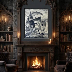 May include: A framed black and white illustration of a galleon ship with a cross emblem on its sails, displayed above a fireplace mantel in a room with stone walls, bookshelves, skulls, lit candles, and two dark upholstered armchairs.