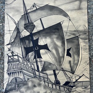 Pamela S Raynard Black and White Pen, Ink and Watercolor, Nautical Artwork  of a Historic Sailing Ship 14 x 11 Inches.  UNFRAMED
