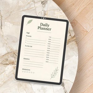 May include: A digital daily planner with a black border, featuring the words "Daily Planner" at the top. The planner includes sections for "Today," "Priorities," and "To-Do List." It has a neutral color scheme with green leaf accents and time slots from 7:00 to 18:00.