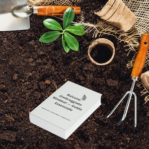 May include: A gardening scene with a small trowel, a hand rake, and a small plant. A book titled "Balcone Ombreggiato Minimal - Guida Essenziale" is on the soil. There are also two small, empty pots. The tools have wooden handles.
