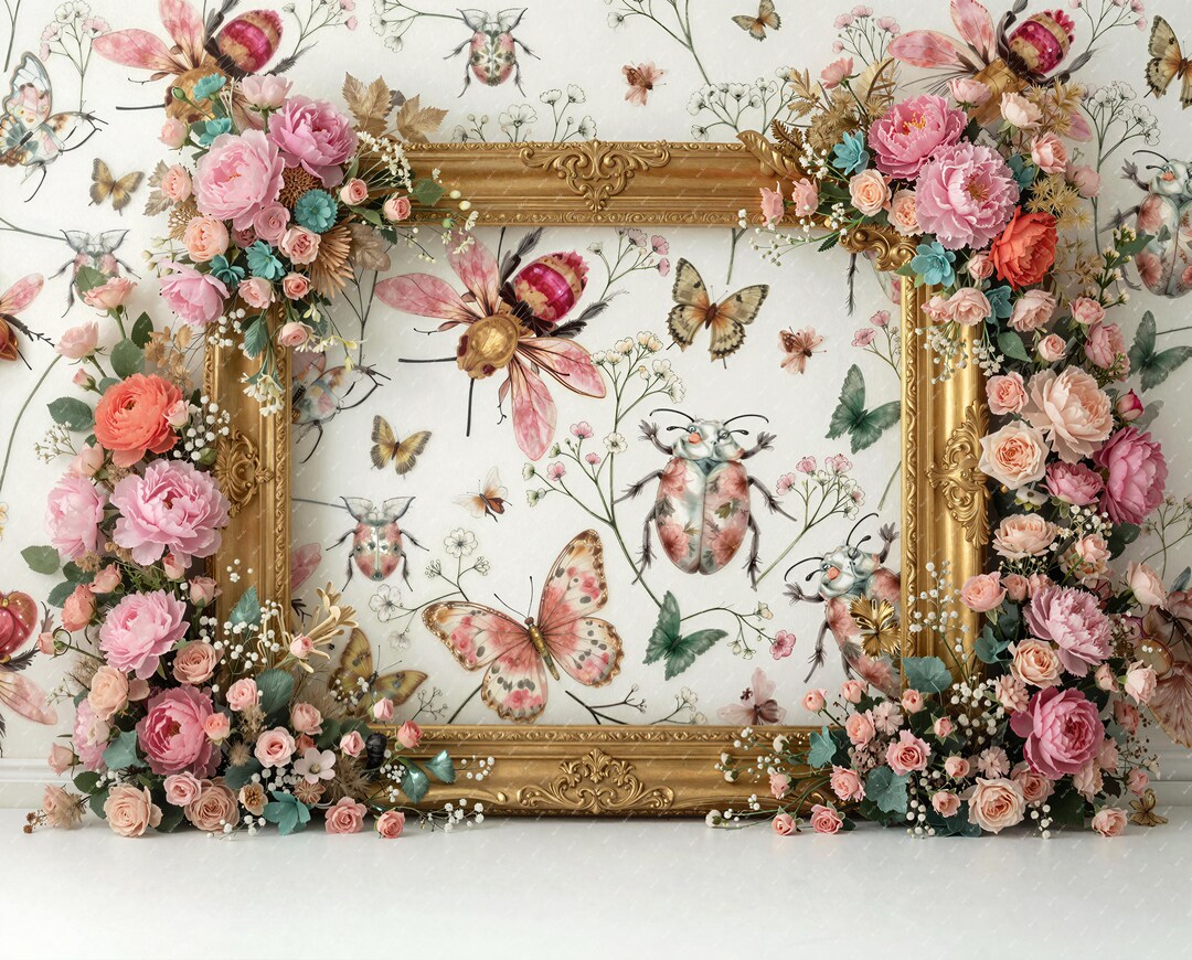 Whimsical Floral Frame Digital Background | Vintage Botanical Garden ...